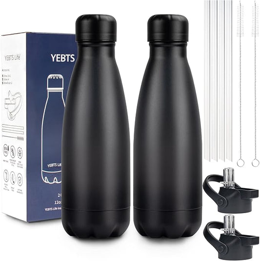 Insulated Water Bottle, 2 Pack-12oz Stainless Steel Water Bottles with straw lid, Metal Sports Water Bottles for Boys,Girls, Double Wall Vacuum BPA-Free Flask for School,Sports & Travel-Black