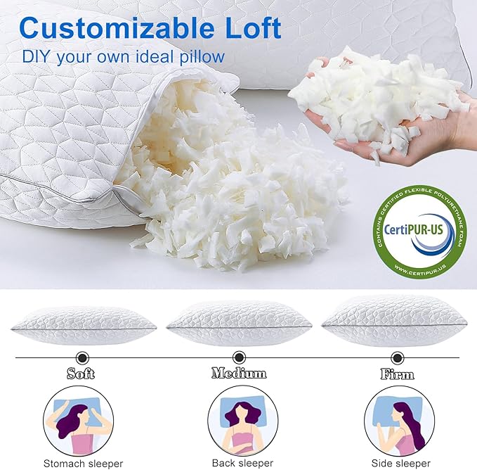 Cooling Pillows Queen Size Set of 2, Shredded Memory Foam Pillows, Adjustable Firm Bed Pillows Cool Cold Pillow for Hot Side Back Stomach Sleepers with Removable Washable Cover, 20" x 30", White