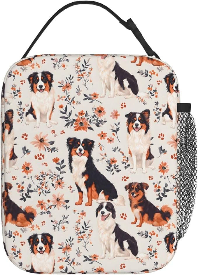 Cute Dog Lunch Box for Kids,Puppy Insulated Bag for Student,Pet Lovers Reusable Thermal Insulation Cooler Tote Bags for School Work Picnic Camping Outdoor Gifts (Australian Shepherd and Floral)