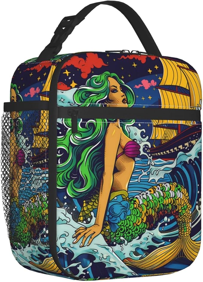 Insulated Lunch Box for Women Men, Mermaid Theme Lunch Box Reusable Portable Lunch Bag Cooler Tote Waterproof Lunch Container for Office Picnic Work Travel