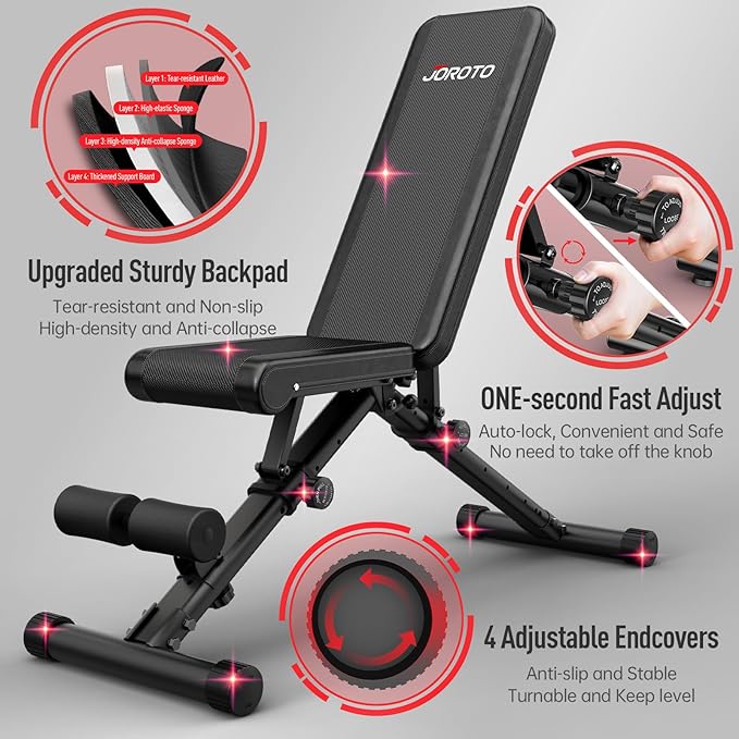 JOROTO MD35 Adjustable Weight Bench, 700LB Capacity Foldable Strength Training Bench with 8 Backrest and 4 Seat Positions, Flat/Incline/Decline Workout Bench Press for Full Body Home Gym