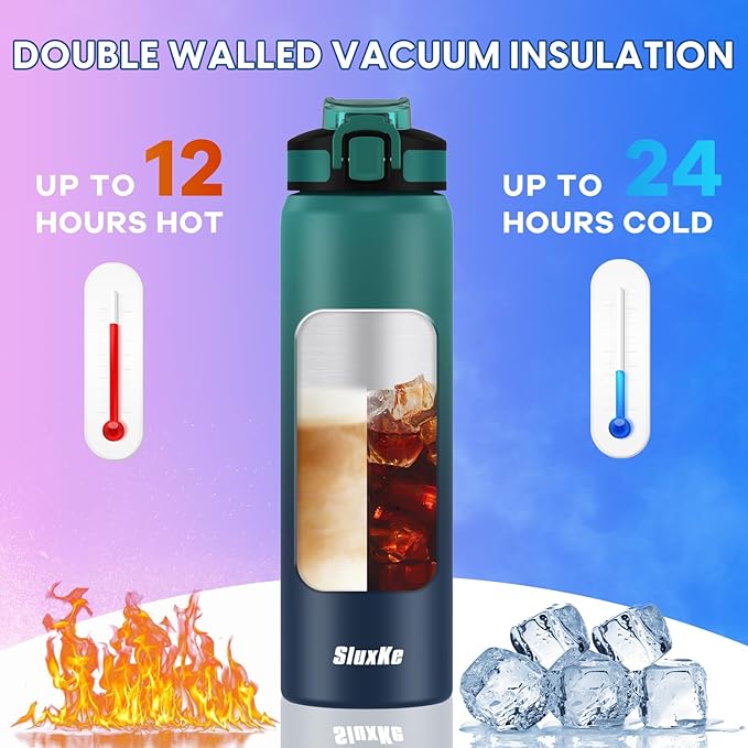 24oz Leakproof Insulated Water Bottle with Straw, Double wall, 18/8 Stainless Steel Drinking Bottle for Camping, Gym, Travel,Car