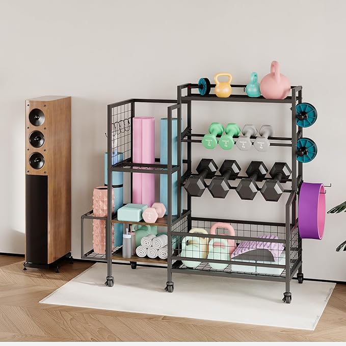 XL Dumbbell Rack Weight Stand – Adjustable Weight Storage Stand with Hooks for Home Gym, Kettlebells, Yoga Mat and Workout Equipment Heavy Duty Weight Rack with Wheels