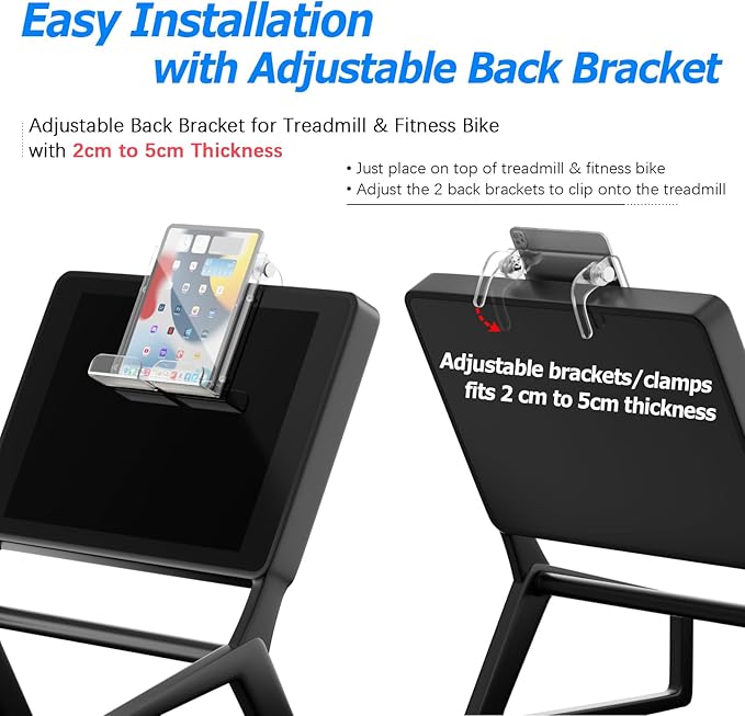 Cosmos Treadmill Tablet Holder & Phone Stand Compatible with Peloton Bike, Treadmill Acrylic Tablet Reading Rack for iPad, Gym Exercise Bike & A5 Book Holder, Adjustable Clamps with Anti-Slip Pads