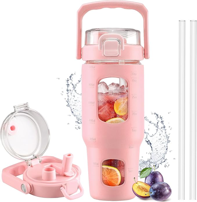 BLUEGO 32oz Glass Tumbler with Lid and Handle, Iced Coffee Cup with Straws, Glass Water Bottle with Silicone Sleeve and Volume, Marker Glass Cup with Time Marking, BPA Free, Pink