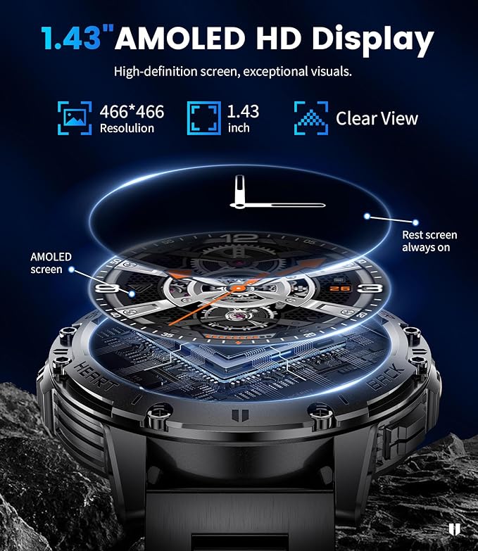 DREMAC Military Smart Watches for Men for Android/iPhone,1.43''AMOLED Display Sport Watch with 123 Sport Modes/Flashlight,5ATM Waterproof Fitness Tracker with Heart Rate/Sleep Monitor,Metal Strap