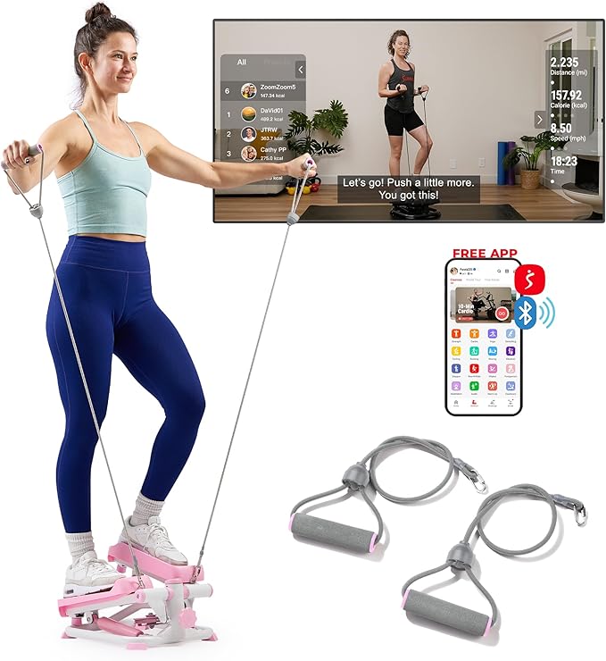 Sunny Health & Fitness Mini Stepper for Exercise at Home, Stair Step Workout Machine with Resistance Band and Over 300lb Weight Capacity, Optional Twist Motion and Free SunnyFit App Connection
