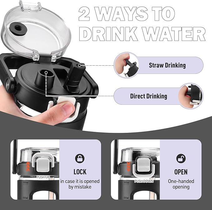 BLUEGO 32oz Glass Tumbler with Lid and Handle, Iced Coffee Cup with Straws, Glass Water Bottle with Silicone Sleeve and Volume, Marker Glass Cup with Time Marking, BPA Free, Black