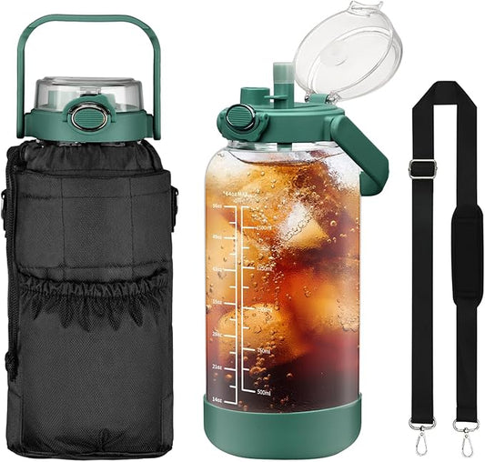 64oz Glass Water Bottle with Straw and Sleeve Half Gallon Motivational Water Bottle with Time Marke and Strap 2L Leakproof Borosilicate Reusable Water Jug for Gym Outdoors