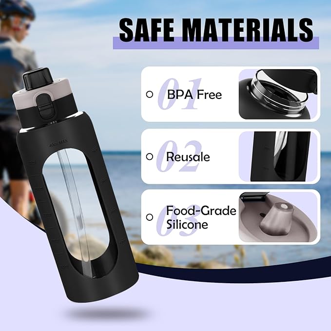 ANOTION 40OZ Glass Water Bottle, Large Sports Water Bottle with Dual-Drink Lid Clear Leakproof Glass Bottles with Straw, Motivational Jug with Silicone Sleeve and Time Marker for Travel Gym-Black