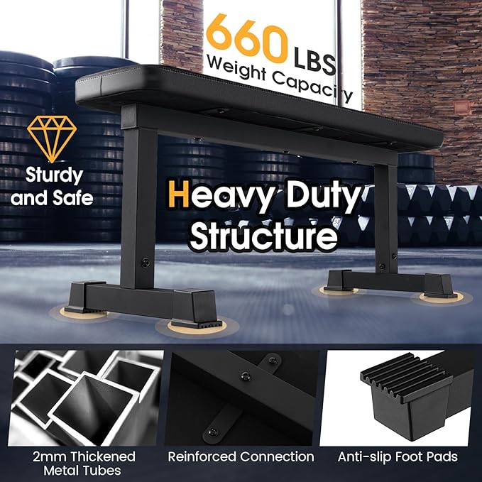 Goplus Flat Weight Bench, 660 LBS Heavy Duty Strength Training Exercise Bench for Home Gym, Easy Assembly, Multipurpose Full Body Workout Bench for Bench Press & Weight Lifting, Black