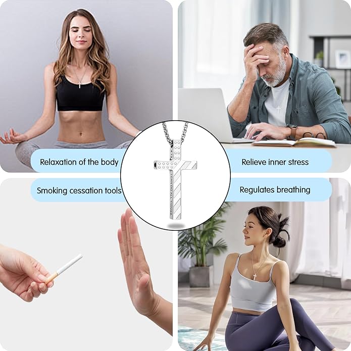 American Flag Cross Breathing Necklace for Women Men Quit Stop Smoking Stainless Steel Inspirational Bible Verse Anxiety Relief Mindfulness Jewelry for Stress Relief Christian Meditation Gift