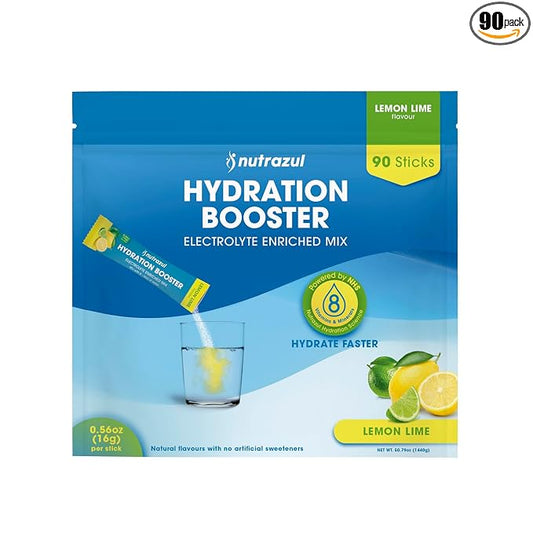 nutrazul Hydration Booster 90 Sticks | Supports Rapid Hydration | Electrolyte Enriched Mix | No Artificial Sweeteners | Lemon Lime Flavour| Vegan, Gluten-Free, Non-GMO