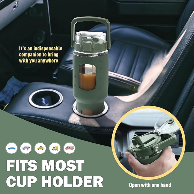 BLUEGO 32oz Glass Tumbler with Lid and Handle, Iced Coffee Cup with Straws, Glass Water Bottle with Silicone Sleeve and Volume, Marker Glass Cup with Time Marking, BPA Free, Olive