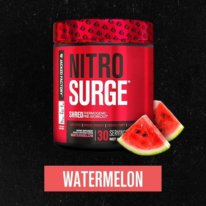Jacked Factory NITROSURGE Shred Pre Workout Supplement - Energy Booster, Instant Strength Gains, Sharp Focus, Powerful Pumps - Nitric Oxide Booster & PreWorkout Powder - 30Sv, Watermelon