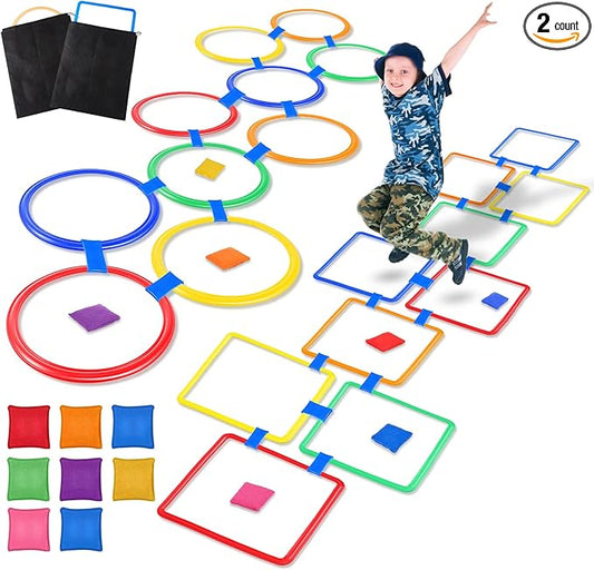 2 Sets of 2 in 1 Hopscotch and Beanbag Toss Kit Include Hopscotch Ring Game Set and Squares Set 8 Pcs Beanbags for Indoor Game Outdoor Agility Portable Summer Conditioning Agility Training