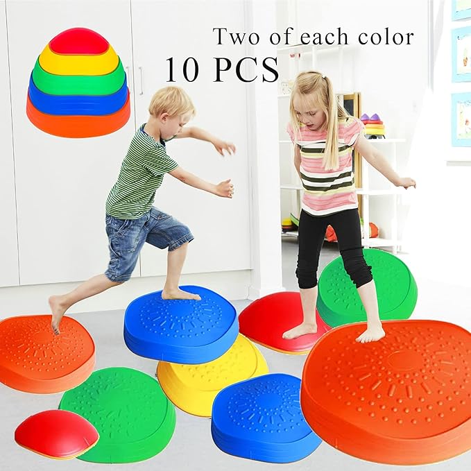 10 PCS Stepping Stones Balance Obstacle Course for Kids, Indoor Outdoor Sensory Play Equipment Helps Build Coordination and Stability, Non-Slip Textured Surface and Rubber Edging