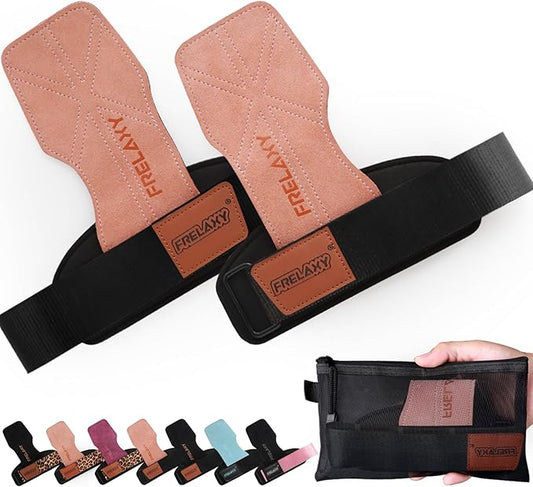Frelaxy Lifting Wrist Straps Women and Men, Weight Lifting Grips with Cushion Wrist Loop, Double Layer Leather and Storage Pouch, Gym Workout Straps for Deadlift and Powerlifting