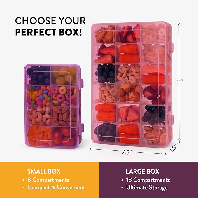 Large Kids Snack Box Containers Set of 2 -100 Labels, BPA-Free, Adjustable Compartments, Dishwasher Safe, Reusable Tray, Food Grade, Meal Prep Container, PARENT TESTED PARENT APPROVED AWARD (Pink)