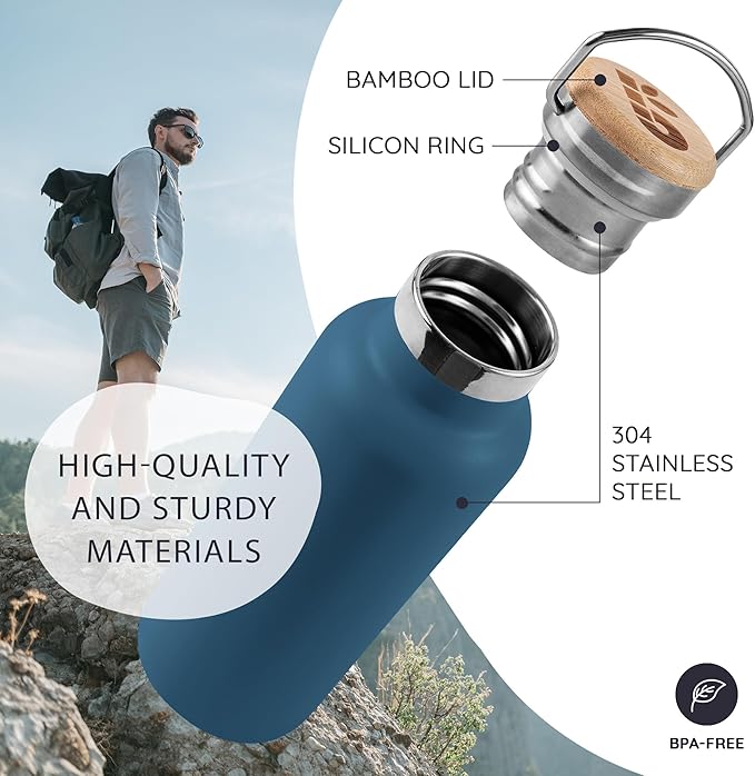 Bambaw 12 oz Stainless Steel Water Bottle, Aegean Blue, 350 ml, Double Wall Insulated, Leakproof, Dishwasher Safe, BPA Free