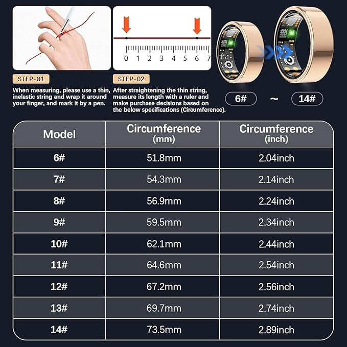 Smart Health Ring for Women Men, Fitness Tracker Ring with Heart Rate, Blood Oxygen, Sleep Tracker, Step Tracker, No Subscription Fee, IP68 Waterproof Smart Ring for iPhone & Android (Rose Gold, 10#)