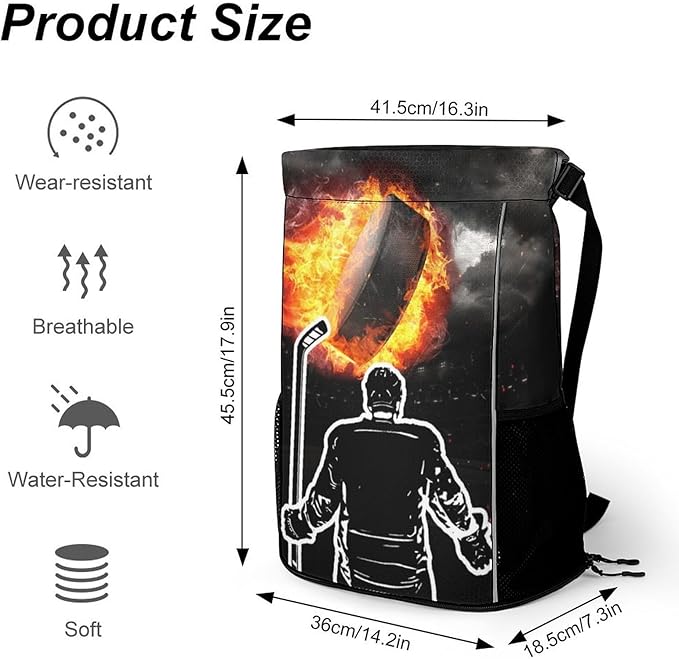 Hockey Drawstring Backpack - Cool Cinch Sack, String Backpacks with Pocket for Kids Women Men Boys Girls for Gym Outdoor Sports Travel Athletic Drawstring Bag - Lightweight/Foldable