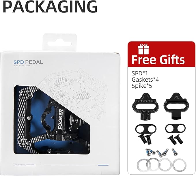 FOOKER MTB Mountain Bike Pedals 3 Bearing Flat Platform Compatible with Dual Function Sealed Clipless Aluminum 9/16" Pedals with Cleats for Road