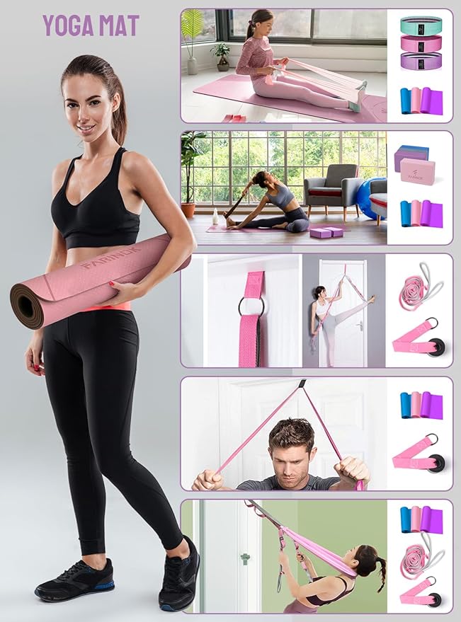 1/3 Yoga Mat Thick, Yoga Kit and Sets for Beginners Include High Density Yoga Mat with Multi-loops Yoga Strap, Yoga Blocks, Booty Resistance Band Set & Door Anchor