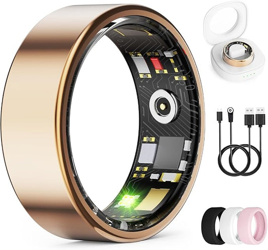 Smart Ring for Women & Men, Health Monitoring Ring with Heart Rate, Blood Oxygen,Blood Pressure, IP68 Waterproof Fitness Ring, Sleep Monitoring for iPhone and Android, No APP Fee (Rose Gold, 9#)