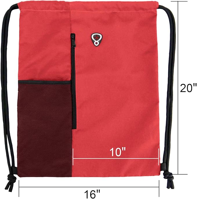 BeeGreen Red Lightweight Drawstring Backpack For Women W Water Bottle Pocket &Front Zippered Pocket Large Sports String Sackpack For Traveling Yoga Beach Outdoor Gym