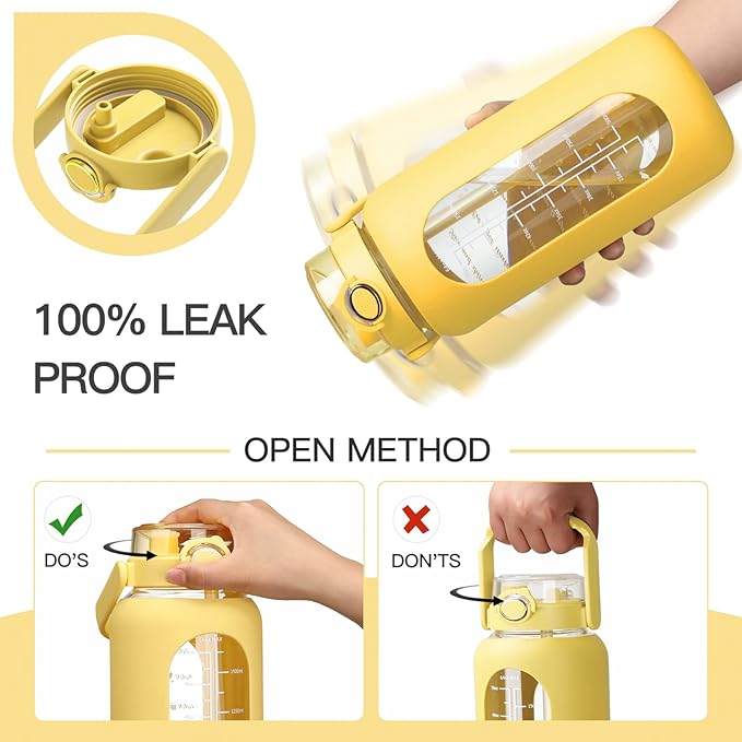 64oz Glass Water Bolttles with Straw Half Gallon Large Motivational Water Bottle with Time Marker Sports Water Bottles with Silicone Sleeve and Handle Lid Water Jug for Gym Workout