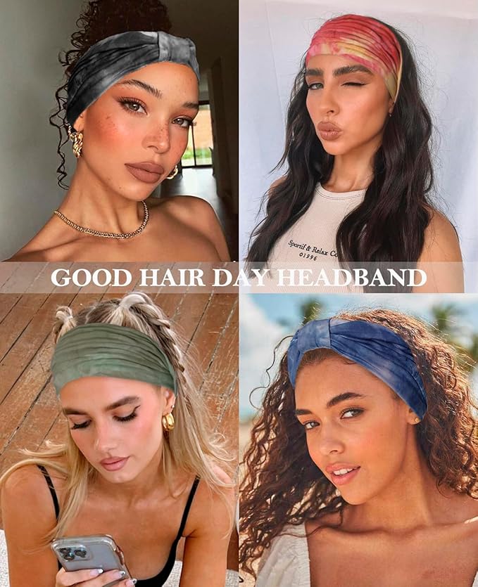 Artilady 7'' Wide Headbands for Women Tie Dye - Large Soft Cloth Headwrap Elastic Stretchy Head Bands Boho Turban Hair Bands Non Slip Hair Accessories 6 PCS