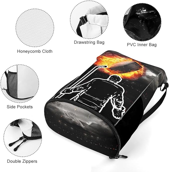 Hockey Drawstring Backpack - Cool Cinch Sack, String Backpacks with Pocket for Kids Women Men Boys Girls for Gym Outdoor Sports Travel Athletic Drawstring Bag - Lightweight/Foldable