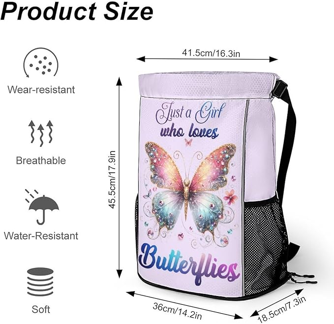 Butterfly Drawstring Backpack - Cute Cinch Sack, String Backpacks with Pocket for Kids Boys Girls Women Men for Gym Outdoor Sports Travel Athletic Drawstring Bag - Lightweight/Foldable
