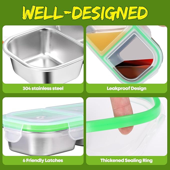 2 Pack Stainless Steel Snack Containers with Lids - Reusable 3 Compartment Snackle Box Container Divide Wet Dry Leakproof Metal Food Storage Containers for School, Home, Travel (Blue + Green)