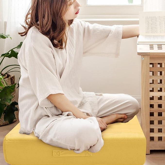 MeMoreCool Large Square Floor Pillow, Yellow Meditation Cushion with Thick Foam and Soft Tufted Washable Cover, Big Floor Seat for Adults, Kids, Sitting, and Yoga, 24-Inch