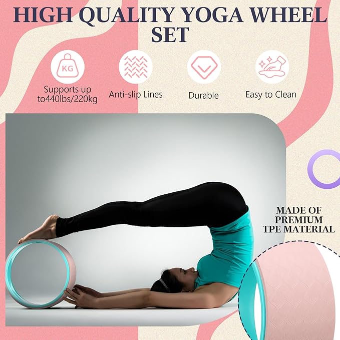 5 Pack Yoga Wheel Set Back Stretcher Wheel for Deep Tissue Massage Foam Roller for Back Pain Relief & Stretching, Trigger Point Therapy Ball, Resistance Loop Exercise Bands, Massage Roller