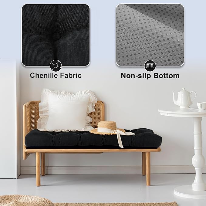 Bench Cushion 48 Inch - Chenille, High-Density Memory Foam, Non-Slip Bottom, Soft Durable Indoor Tufted Long Seat Cushion for Window Garden Furniture (Black, 48x16x4 Inch)
