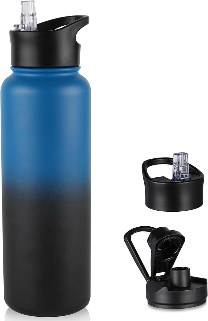 40 oz Insulated Water Bottle with Straw, Stainless Steel Sports Water Bottles with 2 Lids (Straw and Wide Mouth lid), Double Wall Vacuum, Leakproof, BPA-Free, Blue Black Gradient