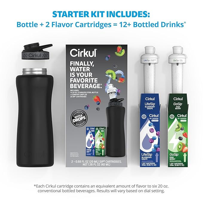 Cirkul 32oz. Matte Black Stainless Steel Water Bottle Starter Kit with Black Lid and 2 Flavor Cartridges (1 LifeSip Blueberry Grape, 1 GoSip Kiwi Berry) No Sugar, Zero Calorie Drink Mix