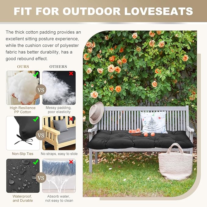 Outdoor Bench Cushion 40inches Waterproof & Fade Resistant Patio Furniture Cushions Tufted Fresh Porch Swing Lounger Loveseat Pads with Straps(Black-40x20in)