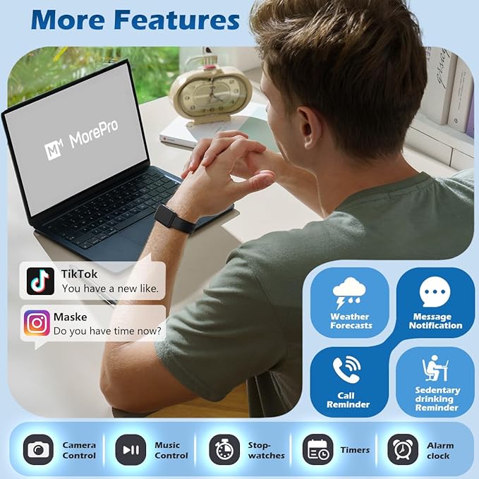 MorePro Health Fitness Tracker with Blood oxy-gen Monitor and 24/7 Heart Rate and Blood Pressure, Sleep Monitor, 120+ Sport Modes Waterproof Fitness Watch for Women Men Android iOS, Black