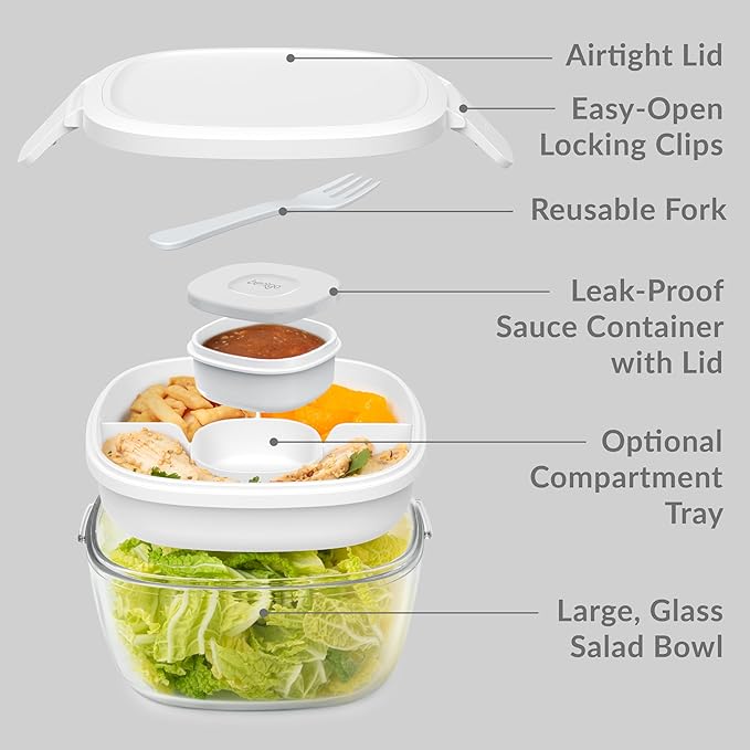 Bentgo Glass All-in-One Salad Container - Large 61-oz Salad Bowl with Lid, 4-Compartment Bento-Style Tray, 3-oz Sauce Container, and Reusable Fork - Dishwasher, Microwave, and Oven Safe (White)