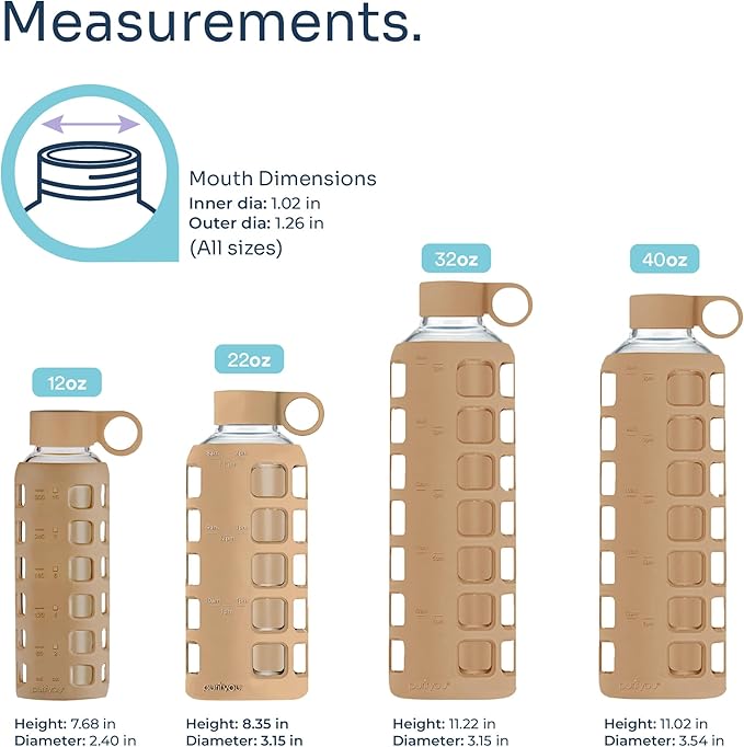 purifyou 40oz / 32oz / 22oz / 12oz Borosilicate Glass Water Bottle with Time & Volume Markers, Silicone Sleeve, Stainless Steel Lid | Reusable Glass Bottle for Water & Juice (40oz Iced Coffee)