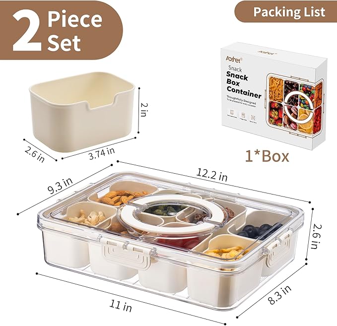 Snack Box Container, Dishwasher Safe Fruit Storage Containers, Divided Serving Tray with Lid for Veggie, Candy and Nuts, Snackle Charcuterie Boxes for Kids, Adults Travel, Party and Picnic (2 Pack)