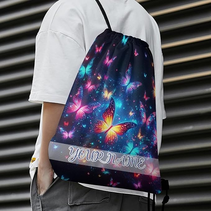 Custom Butterfly Drawstring Backpack - Cute Cinch Sack, String Backpacks for Kids Boys Girls Women Men for Gym Outdoor Sports Travel Athletic Drawstring Bag - Lightweight/Foldable