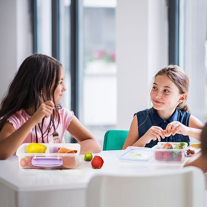 4 Pack Plastic Snack Containers with Lids, 2 Compartment Food Container for Kids Snack Box, Travel Bento Lunch Containers with forks for Fruits/Candies, Divided Food Storage Containers for School