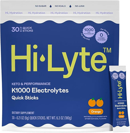 Hi-Lyte K1000 Electrolytes Quick Sticks Orange Keto & Performance, 30 Servings - 1000mg Potassium + Magnesium, Sodium, Trace Minerals - 0 Carbs, 0 Sugar
