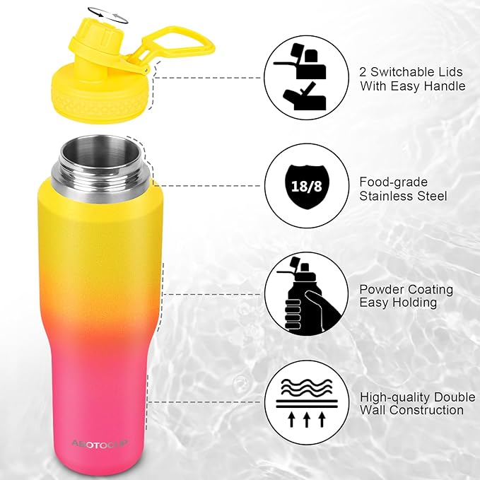 32oz Insulated Water Bottle, Fit in Any Car Cup Holder, Water Bottle with Straw Lids, Stainless Steel Insulated Water Flask Double Wall Leak-proof BPA Free to Keep Cold&Hot