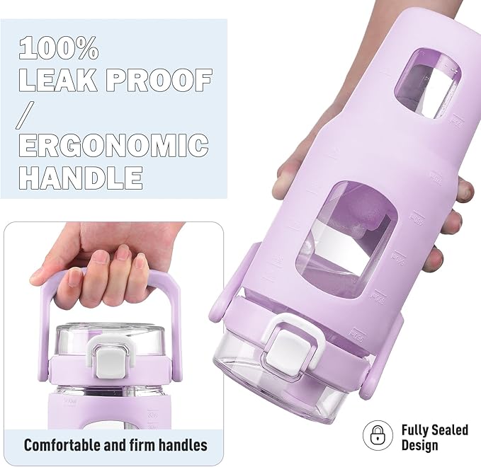 BLUEGO 32oz Glass Tumbler with Lid and Handle, Iced Coffee Cup with Straws, Glass Water Bottle with Silicone Sleeve and Volume, Marker Glass Cup with Time Marking, BPA Free, Purple